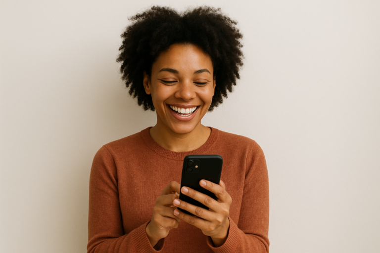 Femme souriante consultant son smartphone en profitant d'un forfait 250 Go