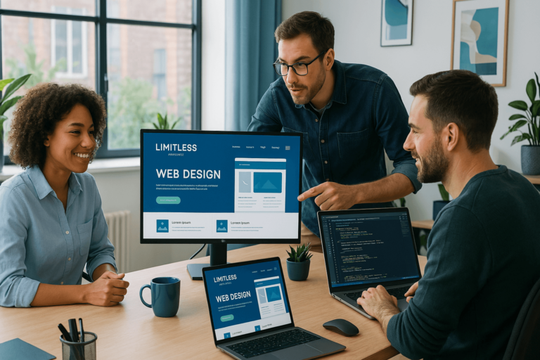 Page d'accueil professionnelle créée par l'agence Limitless.com, spécialisée en création de sites web modernes